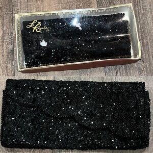 La Regale Black Beaded Formal Clutch Envelope Purse Handbag Cocktail Evening
